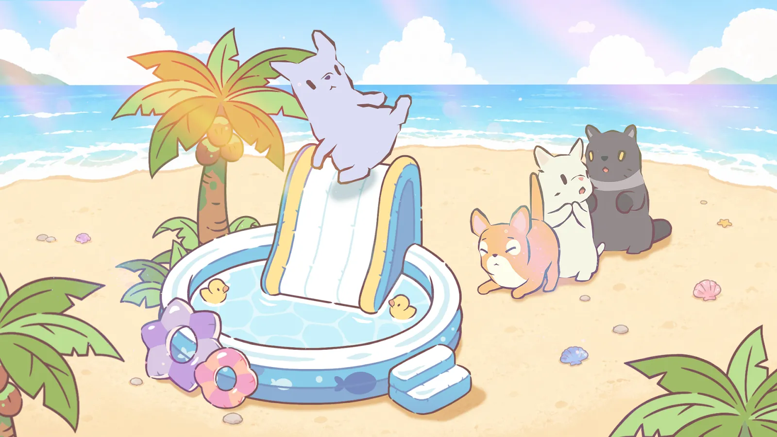 Scena tranquilla del gioco Cats & Soup: gattini in riva al mare accanto a una piccola piscina